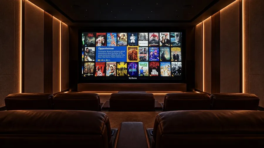 Private home cinema with a Kaleidescape library on the screen