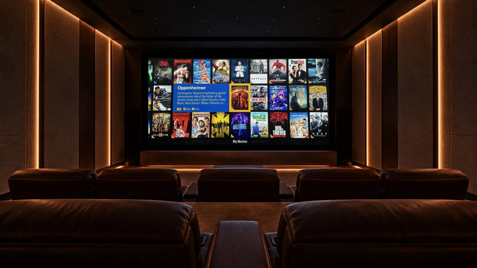 Private home cinema with a Kaleidescape library on the screen