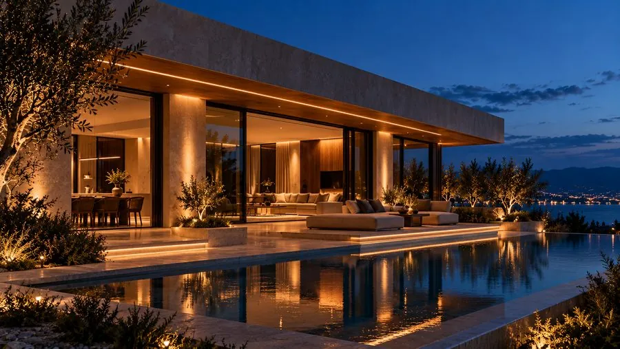 Hillside residence at blue hour with lights on