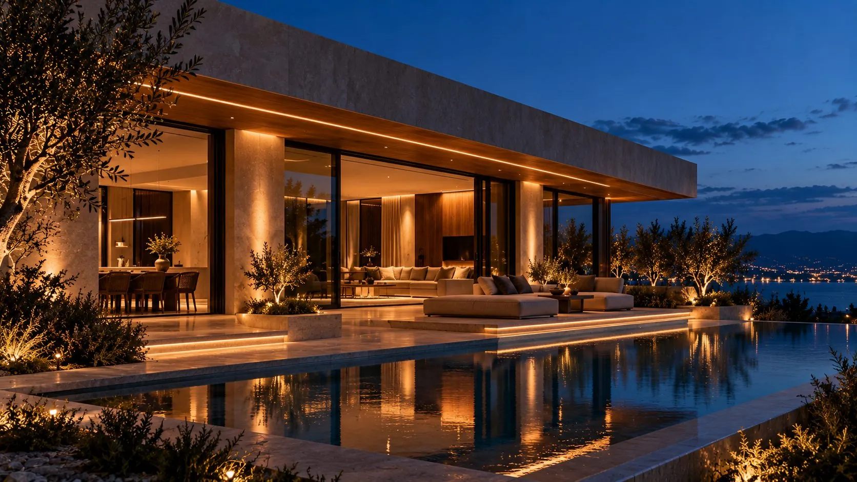 Hillside residence at blue hour with every room lit