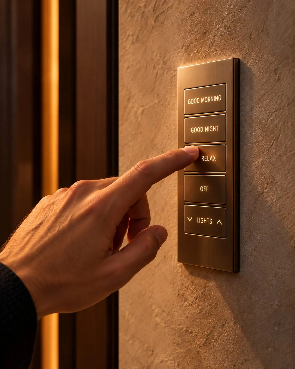 A finger pressing a bronze wall keypad set into plaster