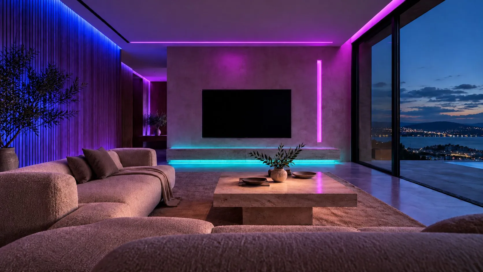 The same living room with a color lighting scene on