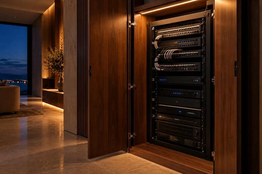 Network rack in walnut joinery