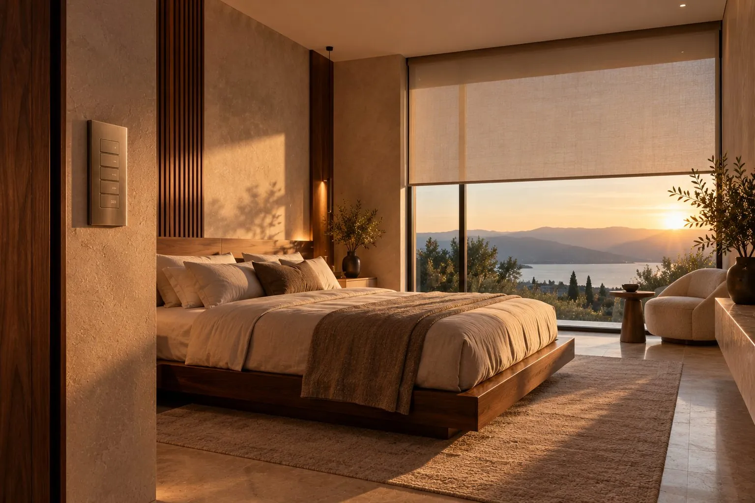 Bedroom with motorized linen shades at dawn