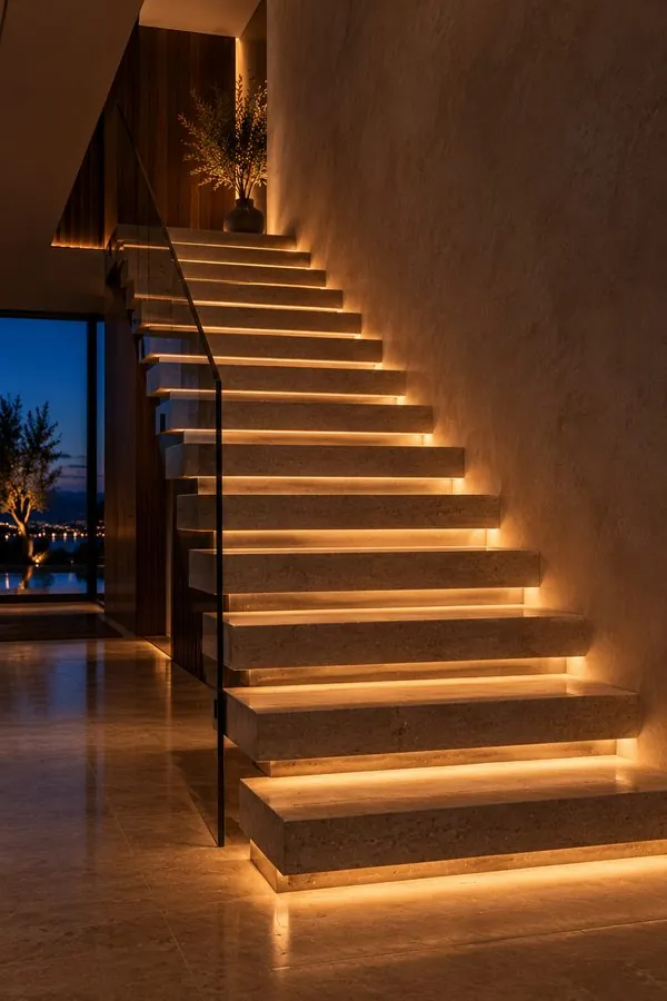 Travertine stair lit from under each tread