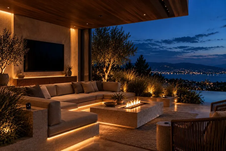 Terrace with outdoor TV and fire table at dusk
