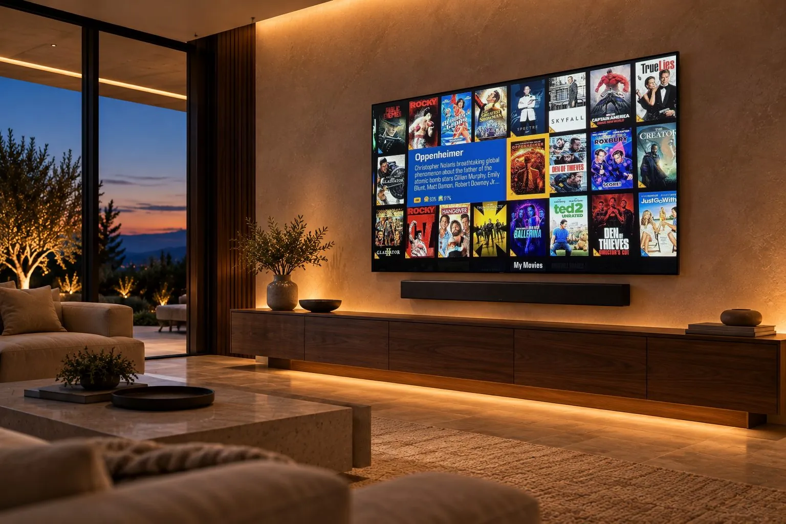 Large TV mounted level on a plaster wall showing a Kaleidescape library
